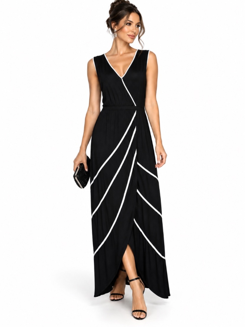 Kate & Mallory Black & White Striped V-Neck Cocktail Romantic Maxi Dress Size L